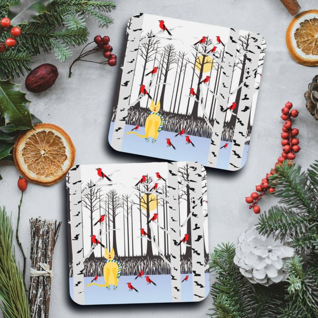 Posavasos Alegría de invierno - Gato con cardenales de Birch (Subido por el creador)