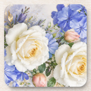 Posavasos Alfombrilla de ratón floral azul y rosa blanca ele