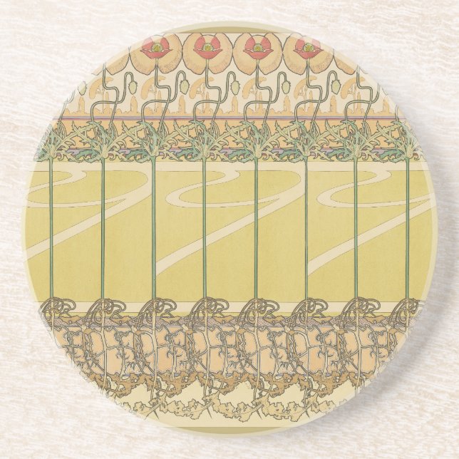 Posavasos Alfonse Mucha Poppies Art Nouveau Floral Wallpaper (Frente)