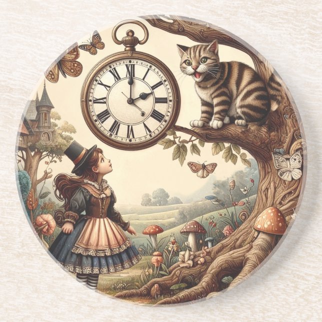 Posavasos Alice & Cheshire Cat: Whimsical Wonderland Fantasy (Frente)
