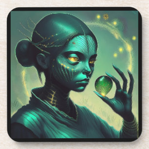 Posavasos Alien Lady sostiene un objeto de vidrio transparen