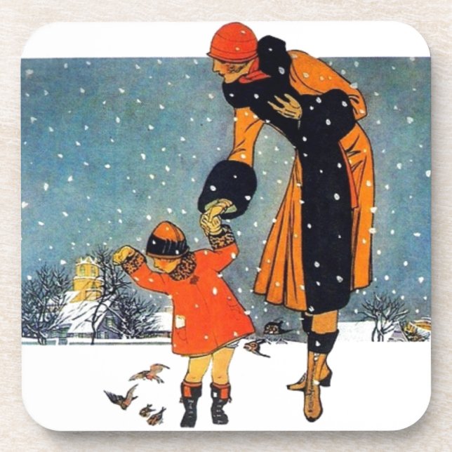 Posavasos Alimentar a las aves en la nieve (Frente)