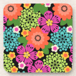 Posavasos Allana Garden Hawaiian Graphical Floral - Brights<br><div class="desc">Black ground with Vermillion Orange, Fresh Salmon, Sharp Green, Blue Radiance, Carmine Rose, Sunset Gold, Online Lime and Begonia Pink colorway. Tropical flowers and leaves were drawn in a graphical retro style that was popular in the forties on the menus of the Hawaiian steamships. This design comes in several colorways....</div>