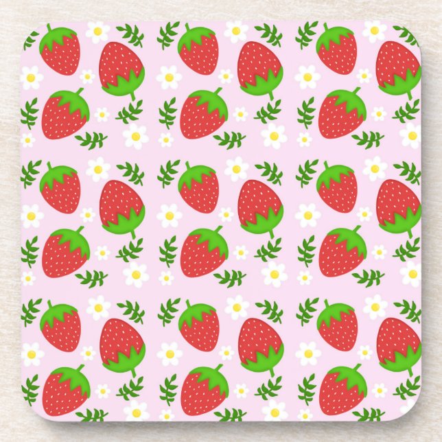 Posavasos Almofada fofa design contínuo morangos fundo rosa (Frente)