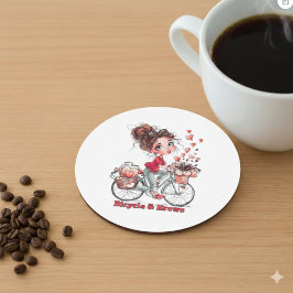 Posavasos Almohadilla de café de niña adorable en bicicleta 
