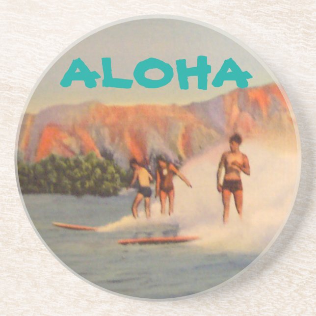 Posavasos Aloha con surfistas vintage en Hawaii (Frente)