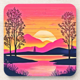 Posavasos Amanecer dorado sobre arte de lago rosado