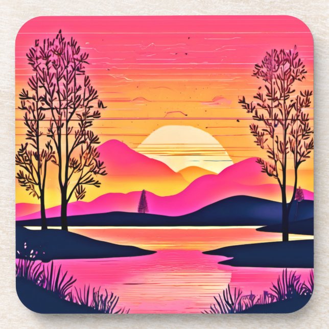Posavasos Amanecer dorado sobre arte de lago rosado (Frente)