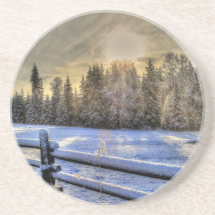 Posavasos Amanecer en una pastelería de invierno en la nieve