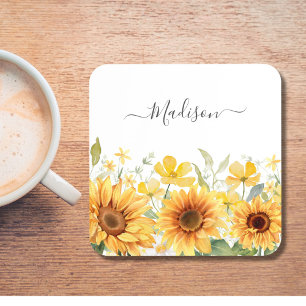 Posavasos Amarillo Flor de Girasol Floral Botánico Monograma