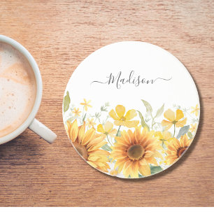 Posavasos Amarillo Flor Monograma Girasol Floral Botánico