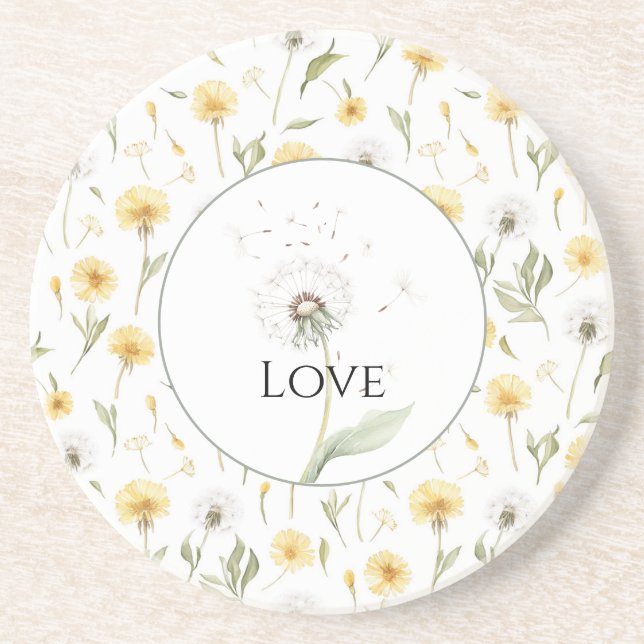 Posavasos Amarillo Flores De Dientes De León Blancos Amor   (Frente)