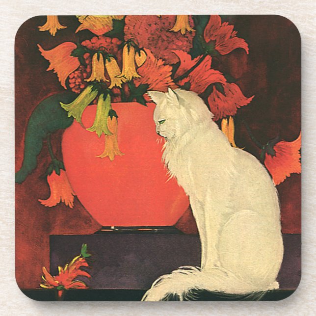 Posavasos Animales de época, gato blanco elegante, flores de (Frente)