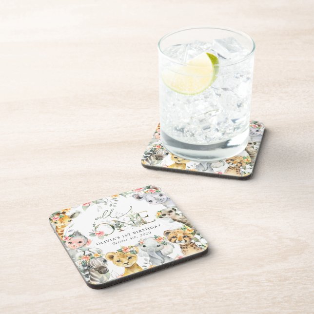 Posavasos Animales de la jungla, Safari, Flores, primer cump (Lado Derecho)