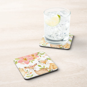 Posavasos Animales de Woodland con bosque de flores rosadas