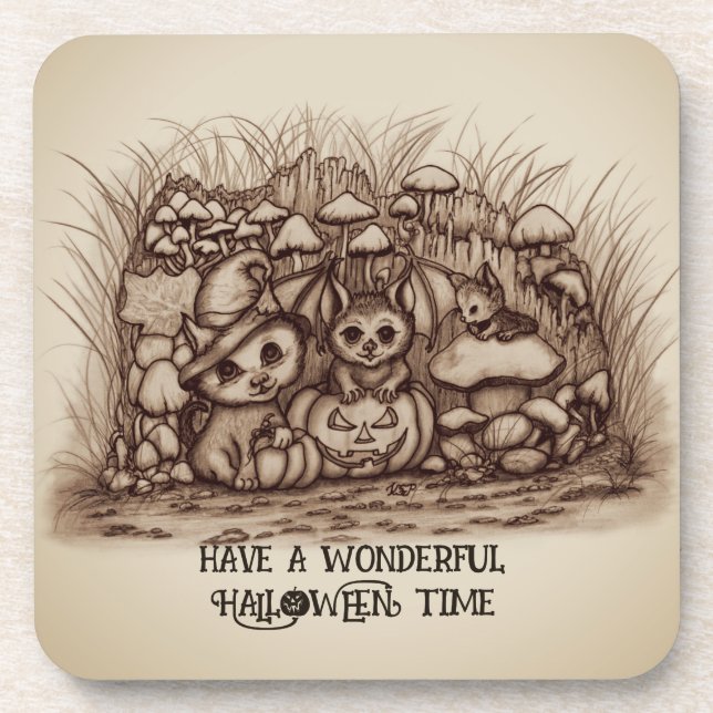 Posavasos Animales lindos esperando Halloween (Frente)