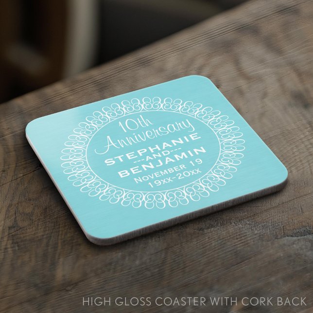 Posavasos Aniversario boda con fondo azul Verde azulado (Custom Coaster)