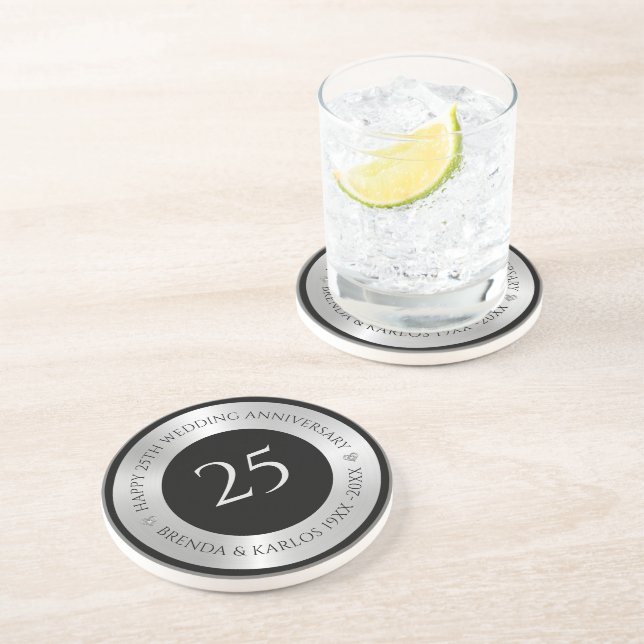 Posavasos Aniversario del 25° boda de la plata negra y metál (Lado)