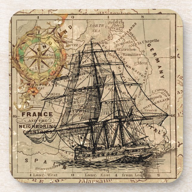 Posavasos Antiguo General Francia Mapa y Litografía de Buque (Frente)