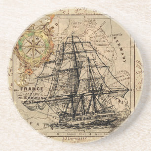Posavasos Antiguo General Francia Mapa y Litografía de Buque