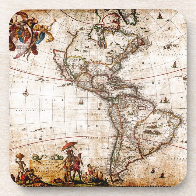 Posavasos Antiguo Litografía de Mapa de América del Norte y  (Frente)