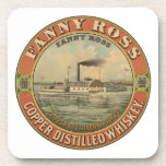 Posavasos Anuncio Vintage Para Whiskey Destilado De Cobre De<br><div class="desc">Anuncio de época para el whisky destilado de cobre Fanny Ross. Imagen de una etiqueta de barril de whisky que representa un barco de vapor que recorre un río con Fanny Ross marcado a un lado del bote a través del volante.</div>