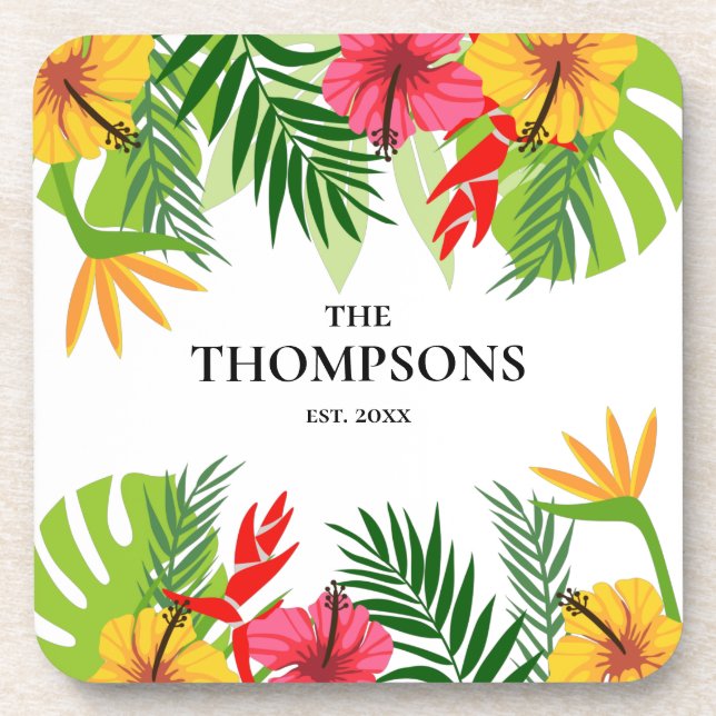 Posavasos Apellido Personalizado de hojas y flores tropicale (Frente)
