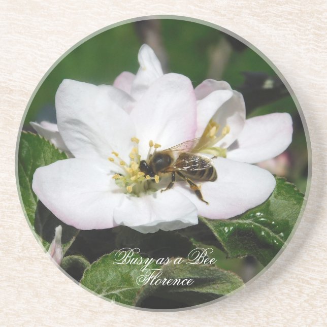 Posavasos Apple Blossom & Bee Macro Photo | Sandstone Coaste (Frente)