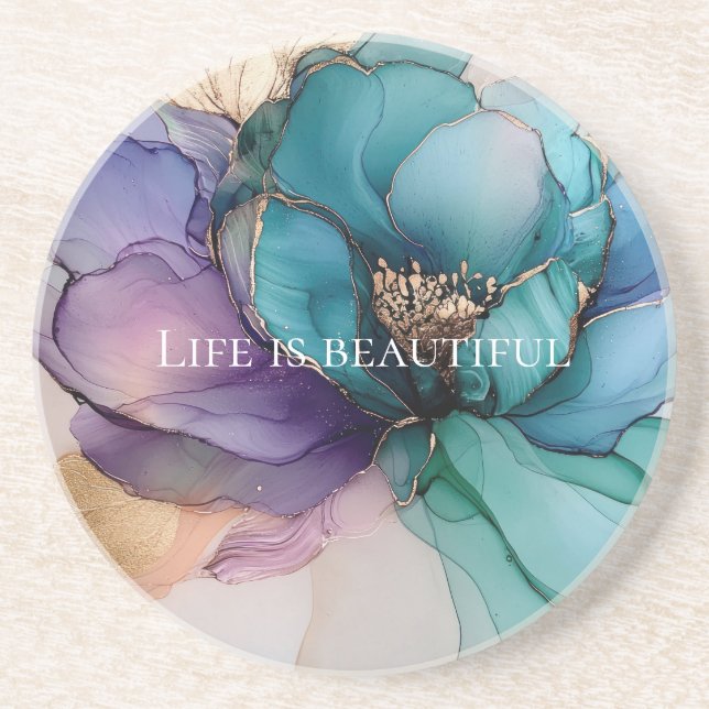 Posavasos Aqua Azul Púrpura Flor de Oro  (Frente)