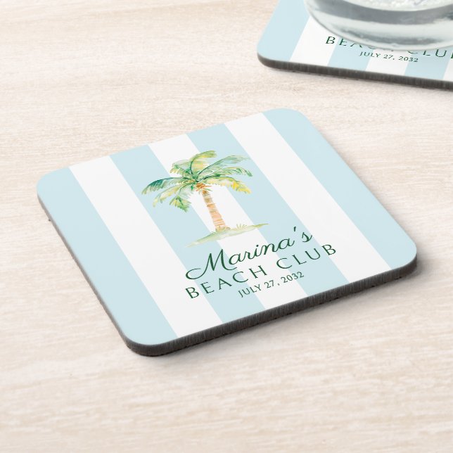 Posavasos Aqua Blue Cabana Stripes Palm Beach Club Cumpleaño (Lado Izquierdo)
