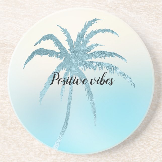 Posavasos Aqua Blue Glitzy Sparkle Tropical Palm Tree (Frente)