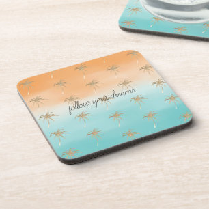 Posavasos Aqua Peach Gold Tropical Palm Tremes Ombre