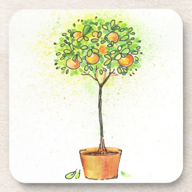Posavasos Árbol de fruta cítrica pintado de la acuarela en (Frente)