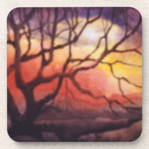 Posavasos Árbol de invierno y espectacular puesta de sol con