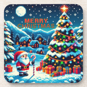 Posavasos árbol de Navidad de 8 bits y Papá Noel