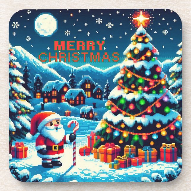 Posavasos árbol de Navidad de 8 bits y Papá Noel (Frente)