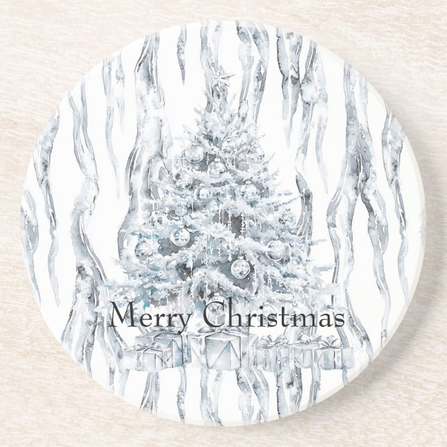 Posavasos Árbol de Navidad de rayas de moda plateado (Frente)