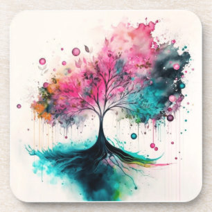 Posavasos Árbol místico moderno y negrita (azul, rosa, naran