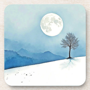 Posavasos Árbol Solitario: Arte de Silencio de Luna Llena Se