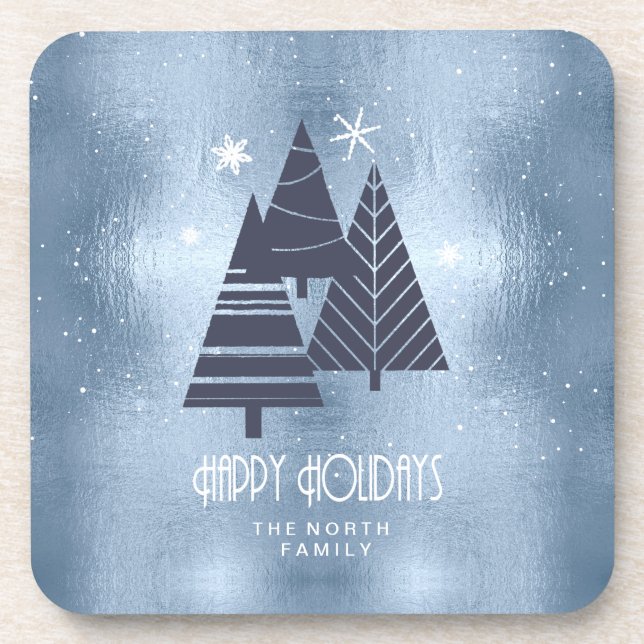 Posavasos Árboles de Navidad y copos de nieve Blue ID863 (Frente)
