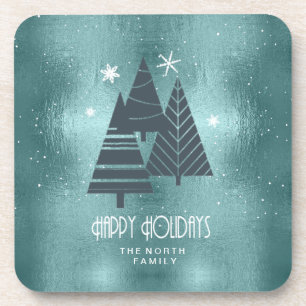 Posavasos Árboles de Navidad y copos de nieve Verde azulada 