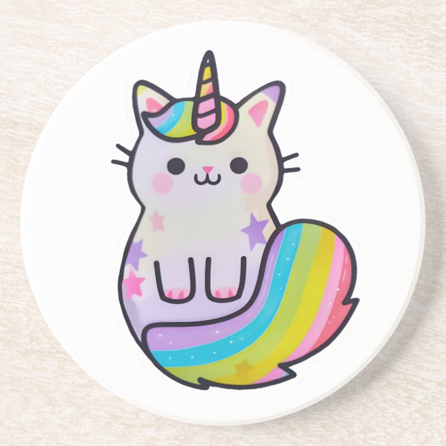 Posavasos Arcoiris unicornio de gato blanco (Frente)