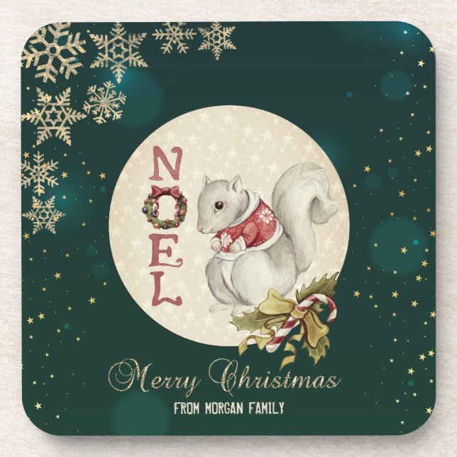 Posavasos Ardilla vintage de Navidad, copos de nieve (Frente)