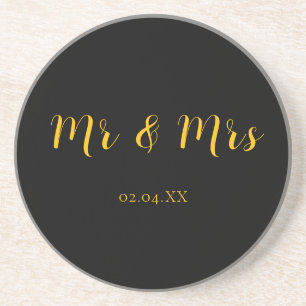 Posavasos Arenisca personalizada negra con amarillo Mr & Mrs