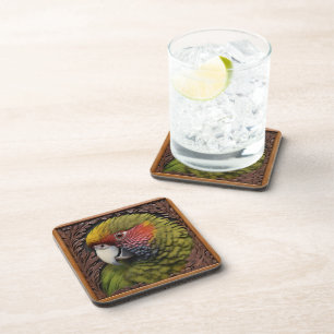 Posavasos Armonía De La Madera: Lorikeet Verde Sobre Madera