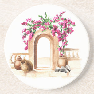 Posavasos arquitectura mediterránea, flores, acuarela, h