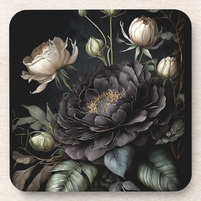 Posavasos Arreglo de Rosa gótico Flor negra (Frente)