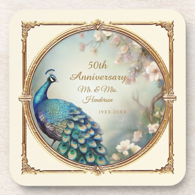 Posavasos Art Deco Peacock 50 Aniversario Elegante Floral (Frente)
