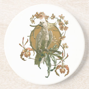 Posavasos Art Nouveau vintage, Ave Cockatoo, Flores Orquídea