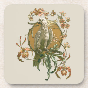 Posavasos Art Nouveau vintage, Ave Cockatoo, Flores Orquídea